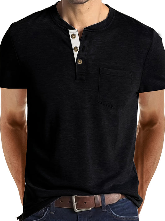 Plus Size Men's Henry Classic Collared Short Sleeve T-Shirt - Regular Fit Casual & Fashionable Button-Up Shirt, Solid Color, Machine Washable for Spring/Fall, PLUS SIZE