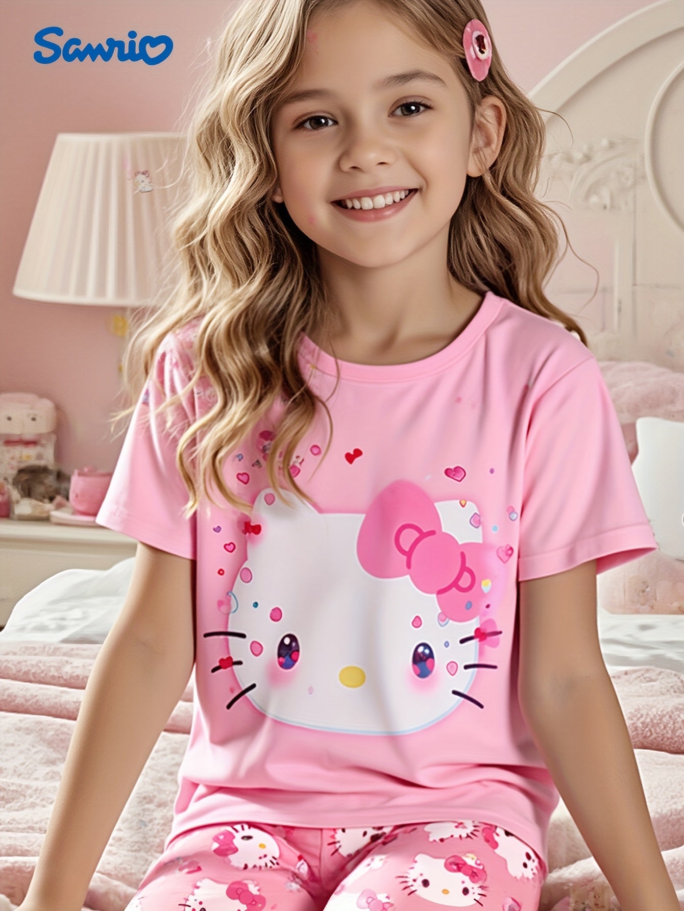Sanrio for hello kitty Flame-Resistant Female Heart Pajama Top + Shorts Home Wear Two-Piece Set