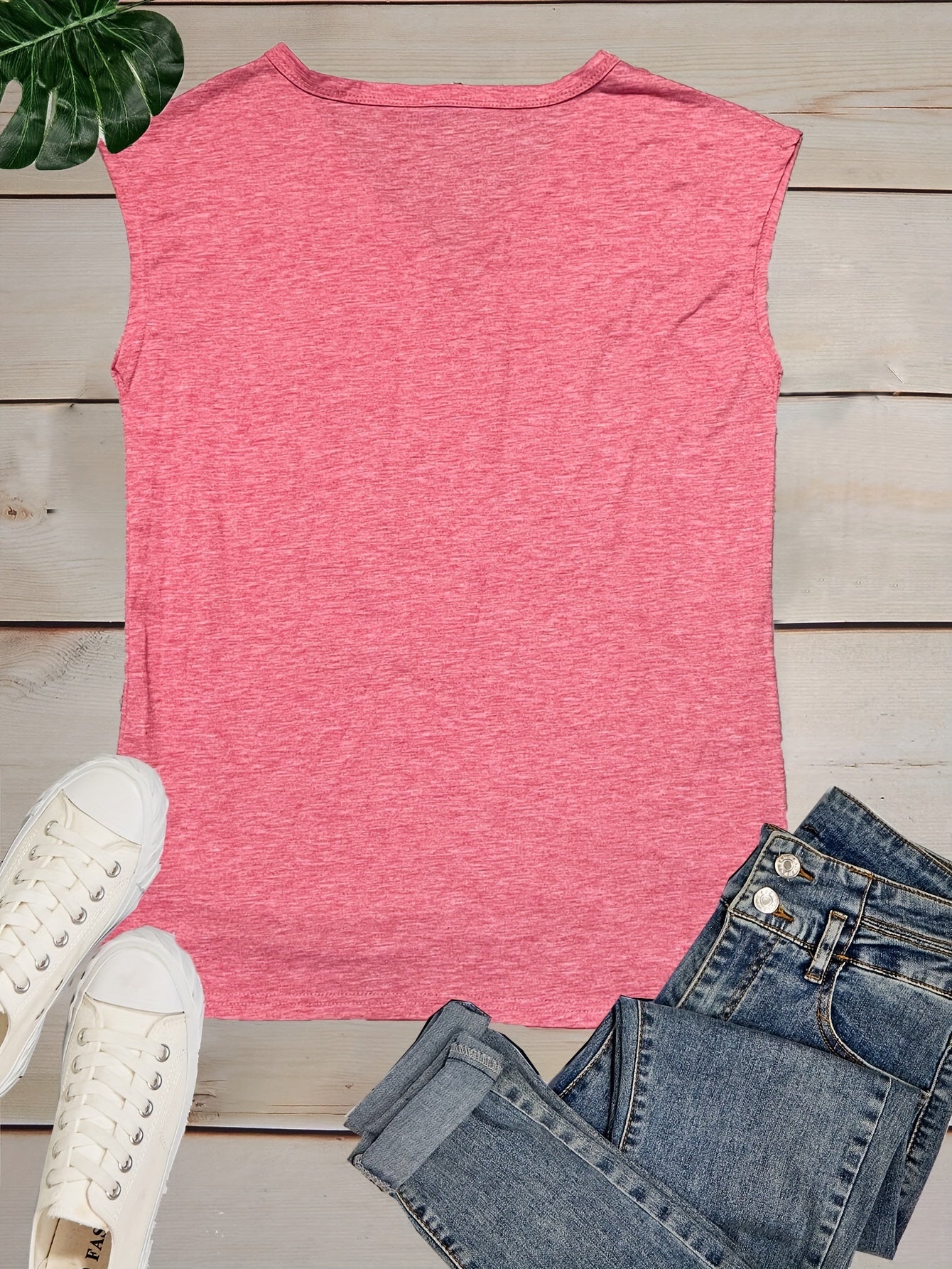 Lotus Print V Neck Tank Top, Cap Sleeve Casual Top For Summer & Spring, Women's Clothing