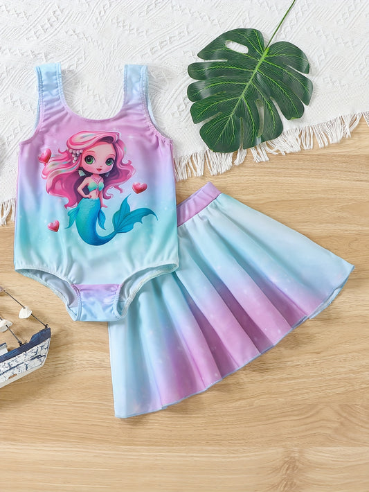 Mermaid Cartoon Girl's Swimsuit Set, Sleeveless 1pc Swimsuit + Swim Skirt, Beach Seaside Pool Bathing Suits