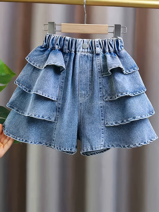 Solid Color Flutter Denim Skirt Shorts For Girls, Cute And Comfy Breathable Holiday Jeans Summer Gift, Culotte