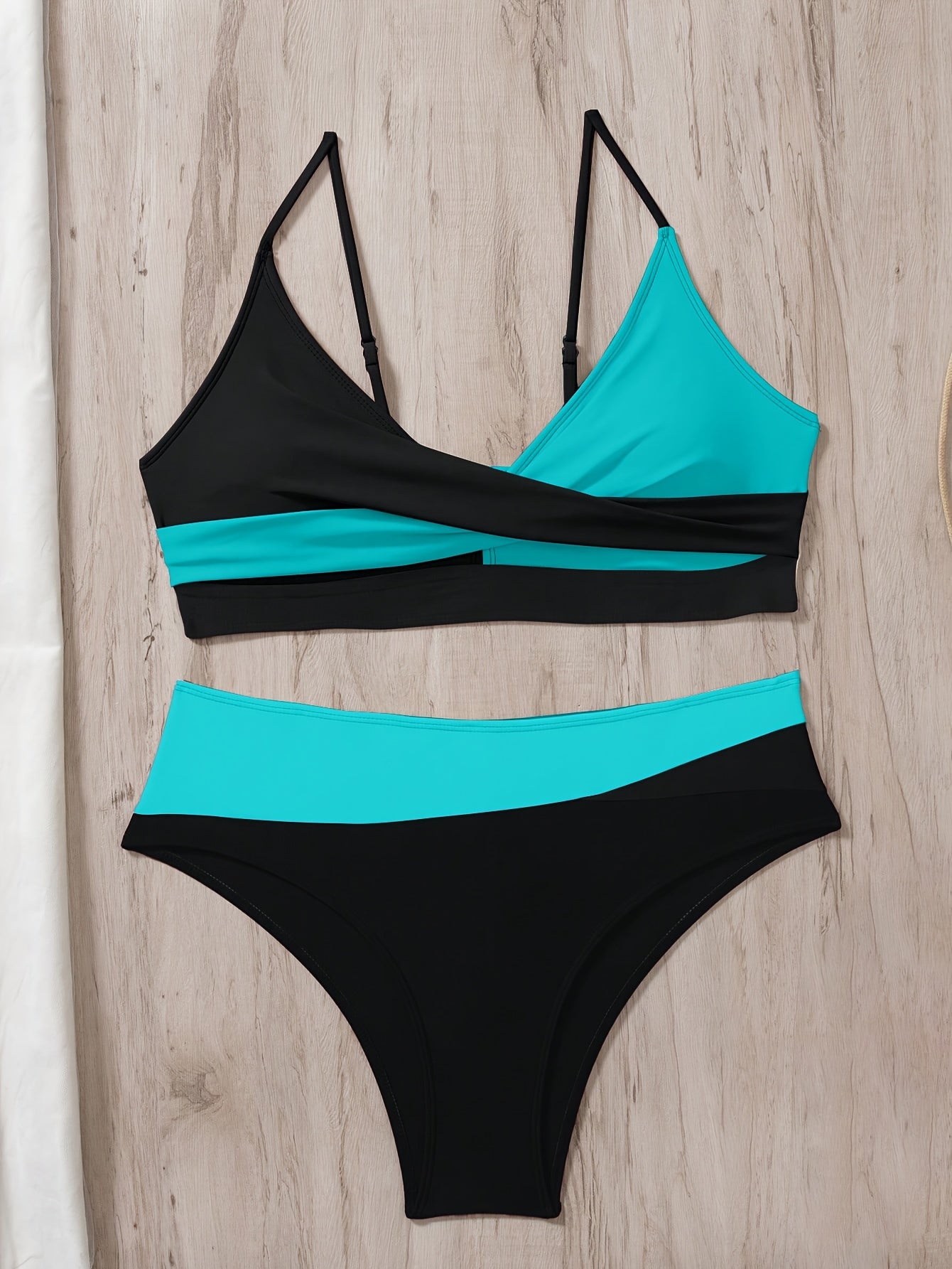 Women's Split Swimwear Color Block Cross-Back Bikini Set Summer Beach Vacation Swimsuit