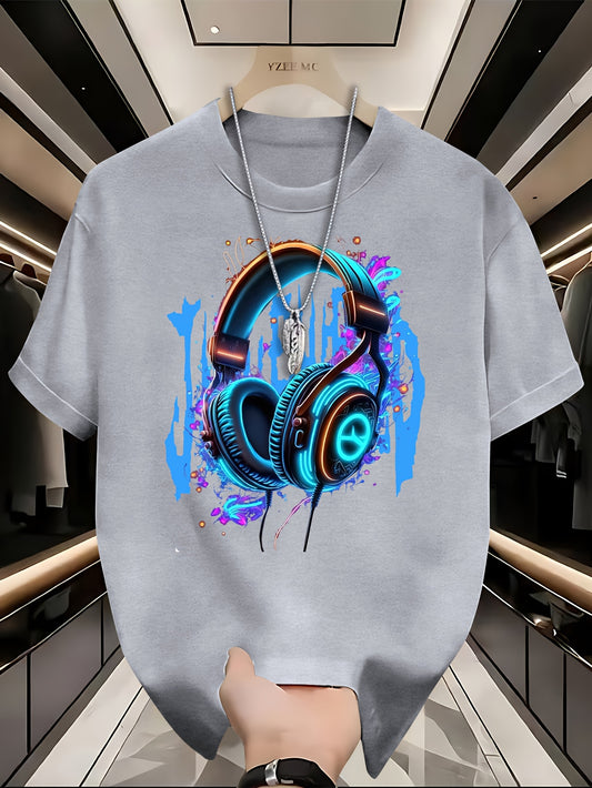 Youth Summer T-Shirt, 95% Polyester 5% Elastane, Casual Crew Neck Top with Geometric Headphones Print, Slight Stretch Knit Fabric, 200gsm, Regular Fit for Teen Boys