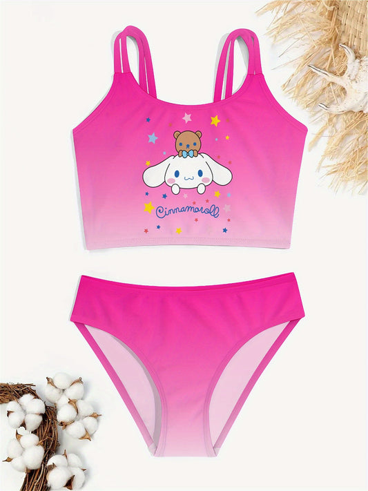 Sanrio for cinnamoroll Girls' Pink Swimsuit Set - Backless Tankini with Cute Bear & Star Design, Polyester Blend, Perfect for Beach & Sports, Beach Swimsuit|Playful Design|Stretchy Fabric