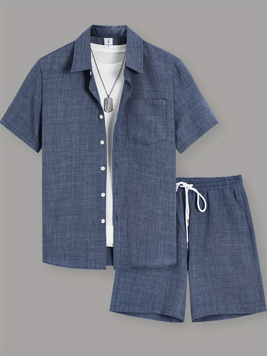 Men'S Solid Color Refreshing Pocket Short-Sleeve Shirt with Drawstring Double Diagonal Pocket Shorts Set.