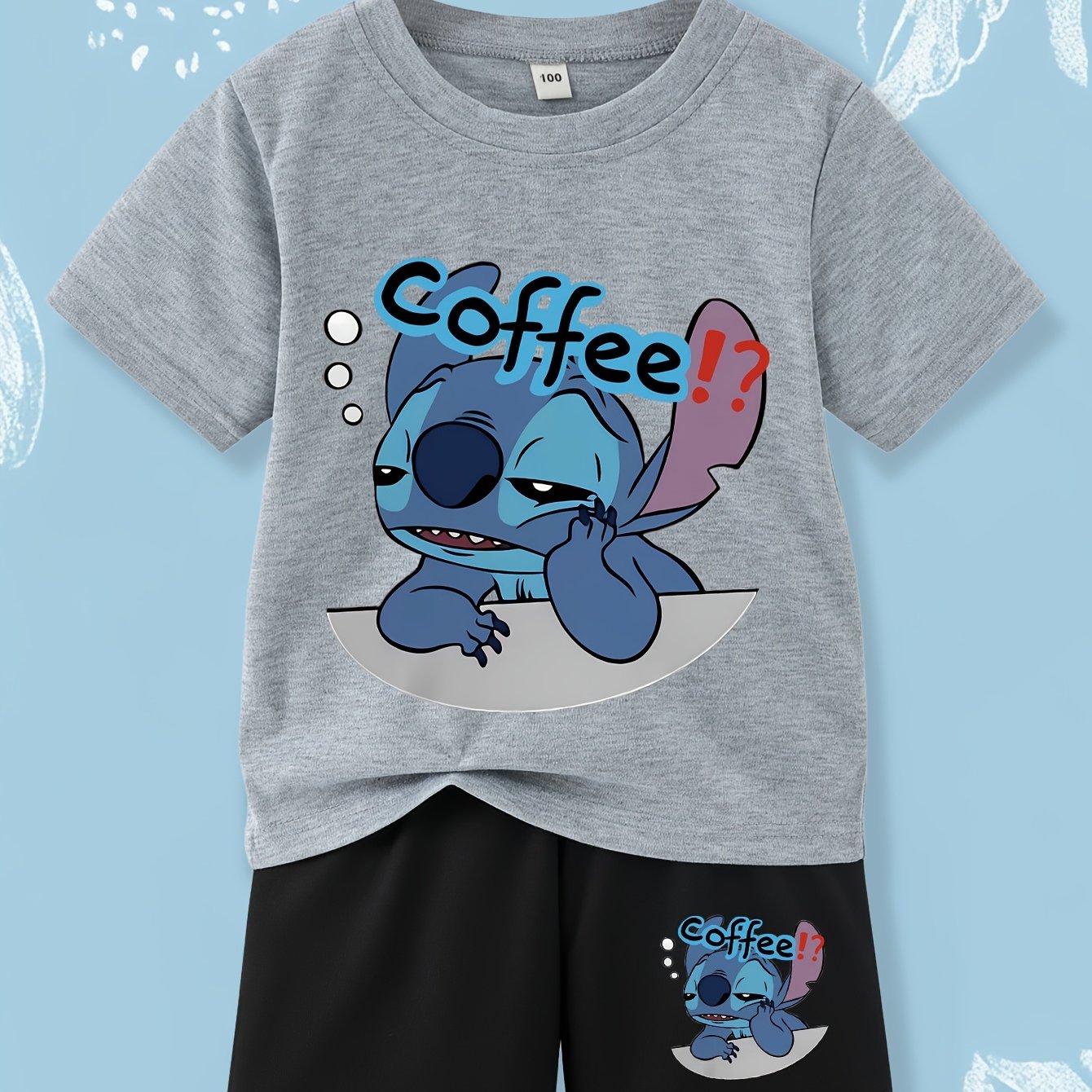 Stitch Coffee Graphic T-Shirt & Shorts Set - Casual Summer Outfit for Boys and Girls, Breathable Knit Fabric, Perfect for Daily Wear and Outdoor Activities, Ideal Holiday Gift, Youngsters Casual Wear|Playful Design|Comfortabl