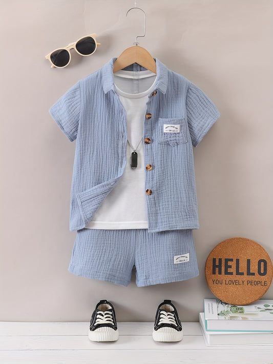 Boys' Summer Casual Cotton Shorts Set, Alphabet Print, Lapel Collar, Short Sleeve, with Placket, for Boys, for Outdoor
