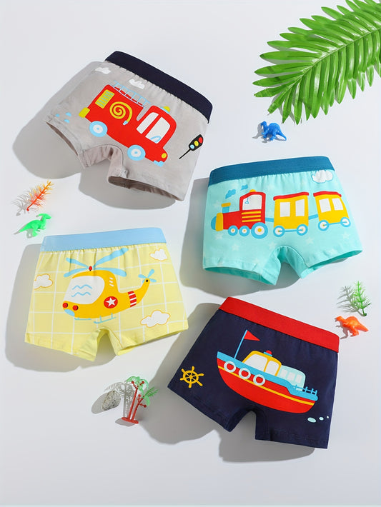 4pcs Boys' Cotton Boxer Briefs with Fun Cartoon Vehicle Designs – Soft, Breathable, and Comfortable Underwear for (Train, Airplane, Ship, Car), Breathable Briefs | Fun Pattern Briefs | Flexible Briefs