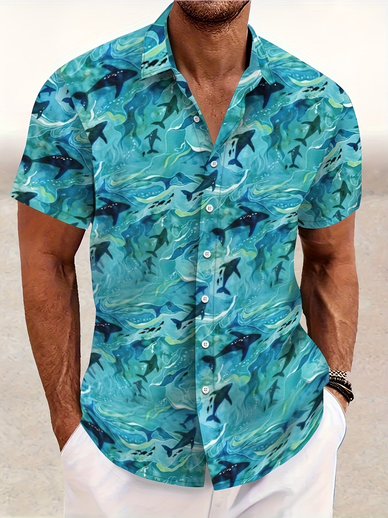Men'S Casual Summer Outdoor Shirt, Hawaiian Shirt, Featuring a High-Definition 3D Print of a Small Shark, with a Lightweight And Comfortable Fit, Perfect for Beach Vacations.