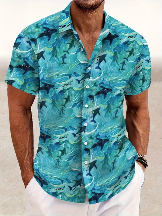 Men'S Casual Summer Outdoor Shirt, Hawaiian Shirt, Featuring a High-Definition 3D Print of a Small Shark, with a Lightweight And Comfortable Fit, Perfect for Beach Vacations.
