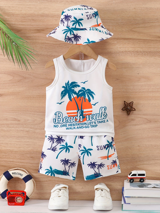 Boys' Fashion Coconut Print Vest and All-Over Shorts Casual Sun Hat Three-Piece Set, Perfect for Outdoor