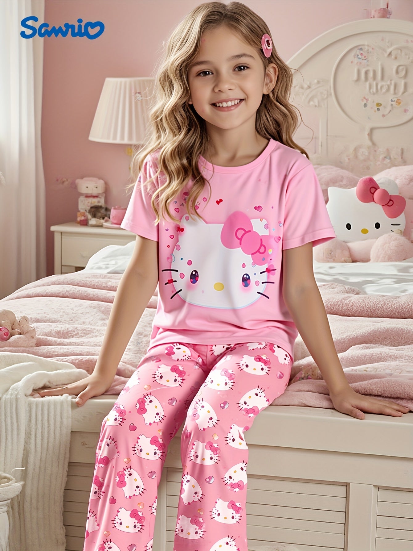 Sanrio for hello kitty Flame-Resistant Female Heart Pajama Top + Shorts Home Wear Two-Piece Set