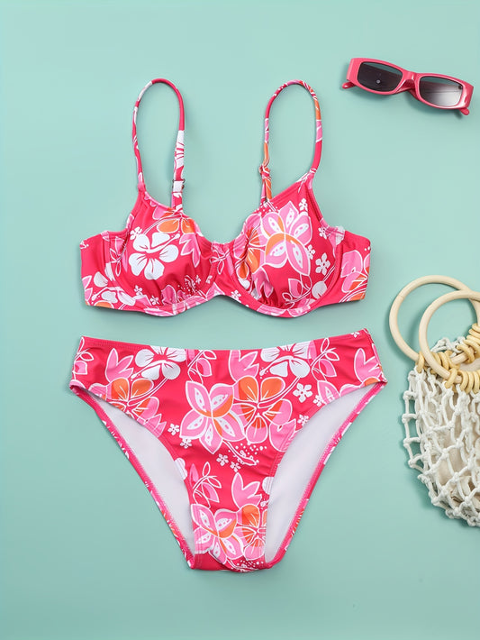 1pc Women's Floral Print Bikini Set, High Stretch Polyamide Knit Fabric, Two-Piece Swimsuit with Adjustable Straps, Polyamide Knit Fabric