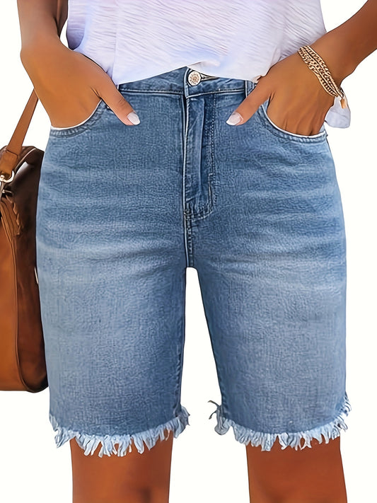1pc Women'S Casual Denim Bermuda Shorts, Solid Color, Slight Stretch, Raw Hem, Frayed Edge, Cotton Blend, Spring/Summer Collection, Woven Jean Shorts with Belt Loops