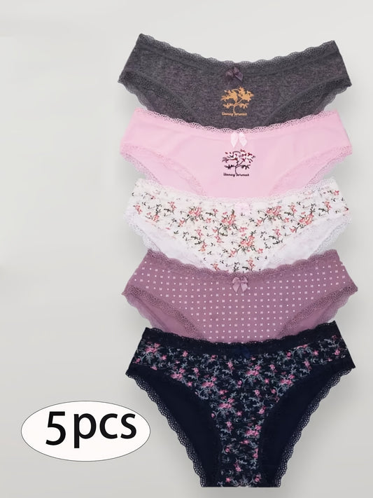 5-Pack Women's Triangle Panties, Floral Polka Dot Striped Design, Comfortable and Soft Elastic with Bow Detail, Breathable Underwear - 2025 New Arrival