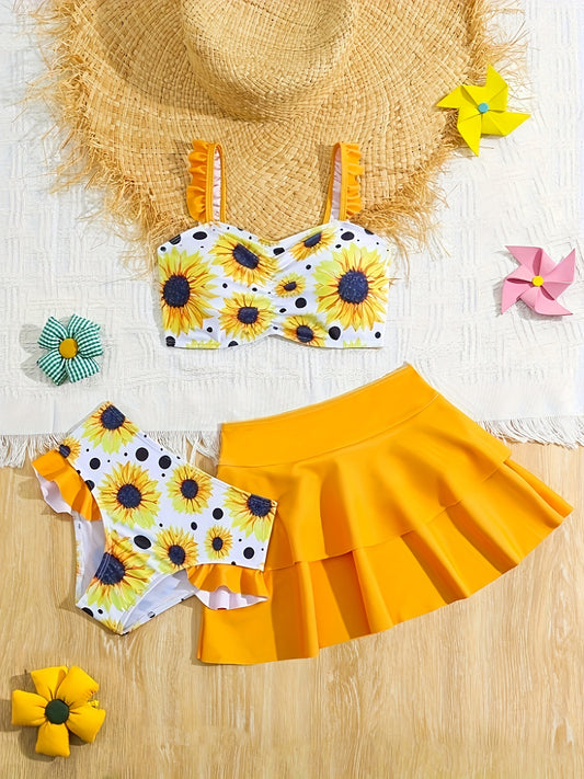 Girls' Random Print Bikini Set with Ruffles + Swimsuit 3pcs