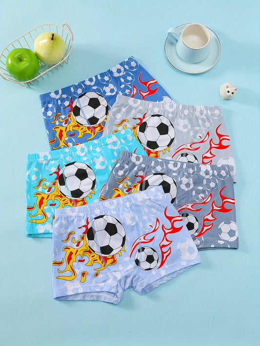 5pcs Boys' Soccer-Themed Boxer Briefs - Soft Cotton Blend, Stretchy & Machine Washable, Vibrant Sports Designs in Mixed Colors