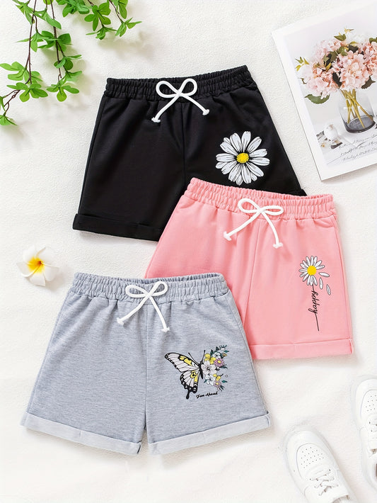 3pcs Girls' Cute Floral & Butterfly Print Elastic Waist Shorts with Bow Detail - Comfy Polyester, Machine Washable for Casual Attire, Perfect for Outdoor