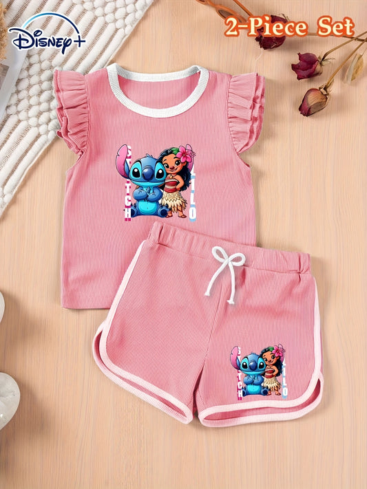 2pcs Stitch Cartoon Print Fashion Outfit Set, Asymmetrical Style, Spring/Summer/Casual/Cocktail Wear for Girls, with Ruffled Sleeves and Drawstring Shorts, Outdoor Clothing|Playful Design|Asymmetrical Outfit, Cute Outfit Sets