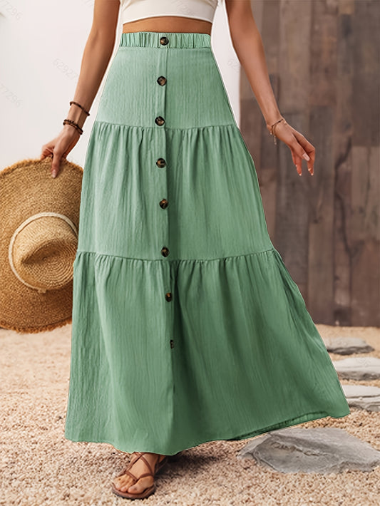 [Everyday Comfort] Elegant Light Green High-Waist Skirt with Front Buttons - Casual Solid Color, Ruffled Hem, Polyester, Machine Washable - Perfect for Spring/Summer/Fall