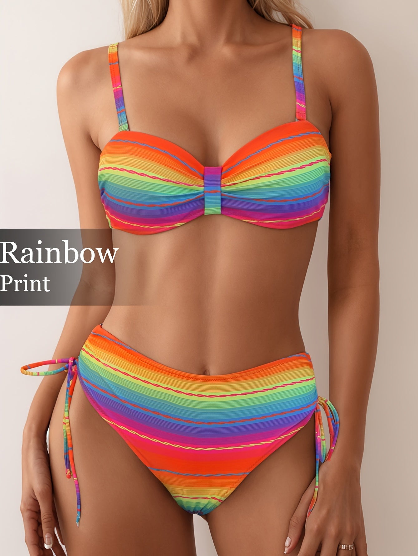 Two-Piece Swimsuit with a Drawstring Design, Featuring a Colorful Striped Hard-Shell Top And Pants.