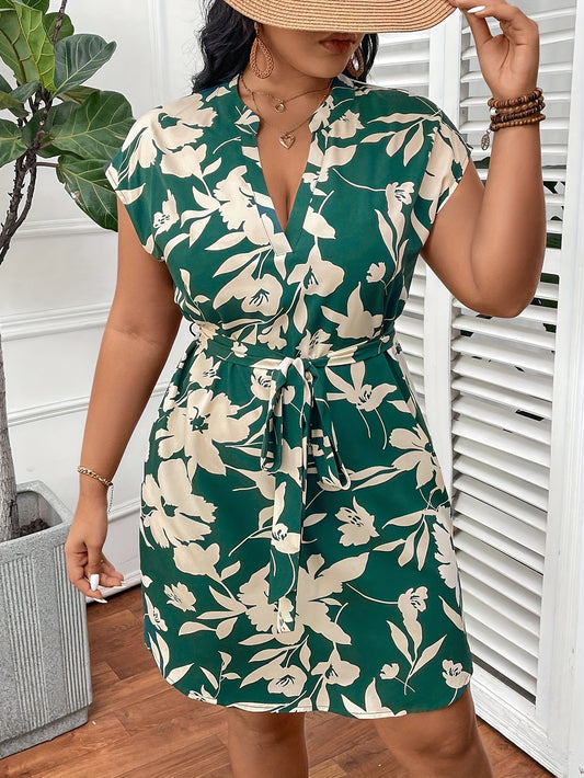 Plus Size Tropical Floral Print V-Neck Midi Dress with Belt - Short Sleeve, Casual Summer Dress for Women, Green and White Leaf Pattern, Polyester Fabric, Perfect for Outdoor Activities, Cute Summer Dresses