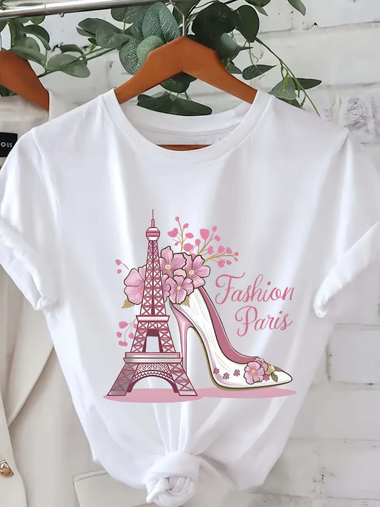 Chic Eiffel Tower & High Heels Graphic Tee for Women - Soft Polyester Blend, Short Sleeve Crew Neck, Relaxed Fit, Casual Summer & Spring Top with Floral Accents, Perfect for Travel & Outdoor Activities