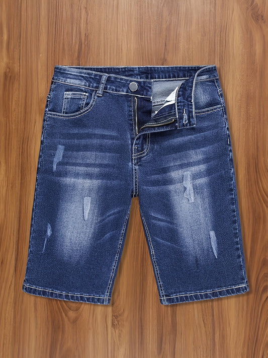Men'S Casual Denim Shorts, Skinny Fit, Medium Stretch, Woven Fabric, 280g/m², Striped Scratch Design, 70% Cotton, 23% Polyester, 2% Spandex, 5% Viscose, Regular Style, Short Length