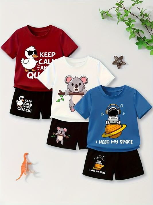 3 Sets of 6pcs Boys' Short Sleeve T-Shirt and Shorts, Casual Summer Outfits with Duck, Sloth, and Astronaut Cartoon Prints - "Keep Calm and Quack On" & "I Need My Space" Design, Polyester Blend, Round Neck, Relaxed Fit, Summe