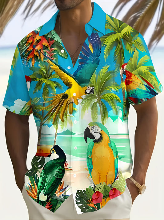 Men's Tropical Parrot & Palm Tree Print Short-Sleeve Shirt, 100% Polyester Non-Stretch Fabric, Casual Hawaiian Style Lapel Collar Button- Top for Summer Weekend Wear, Beach-Themed Design with Vibrant Parrots, Palm Leaves, and