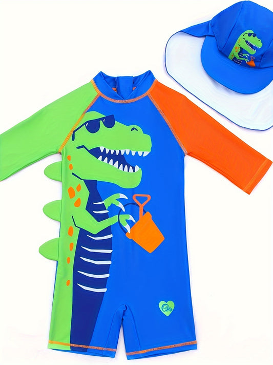 Boys Cartoon Dinosaur Print Long Sleeve Zipper One-Piece Swimsuit With Hat For Water Surfing Swimming Diving