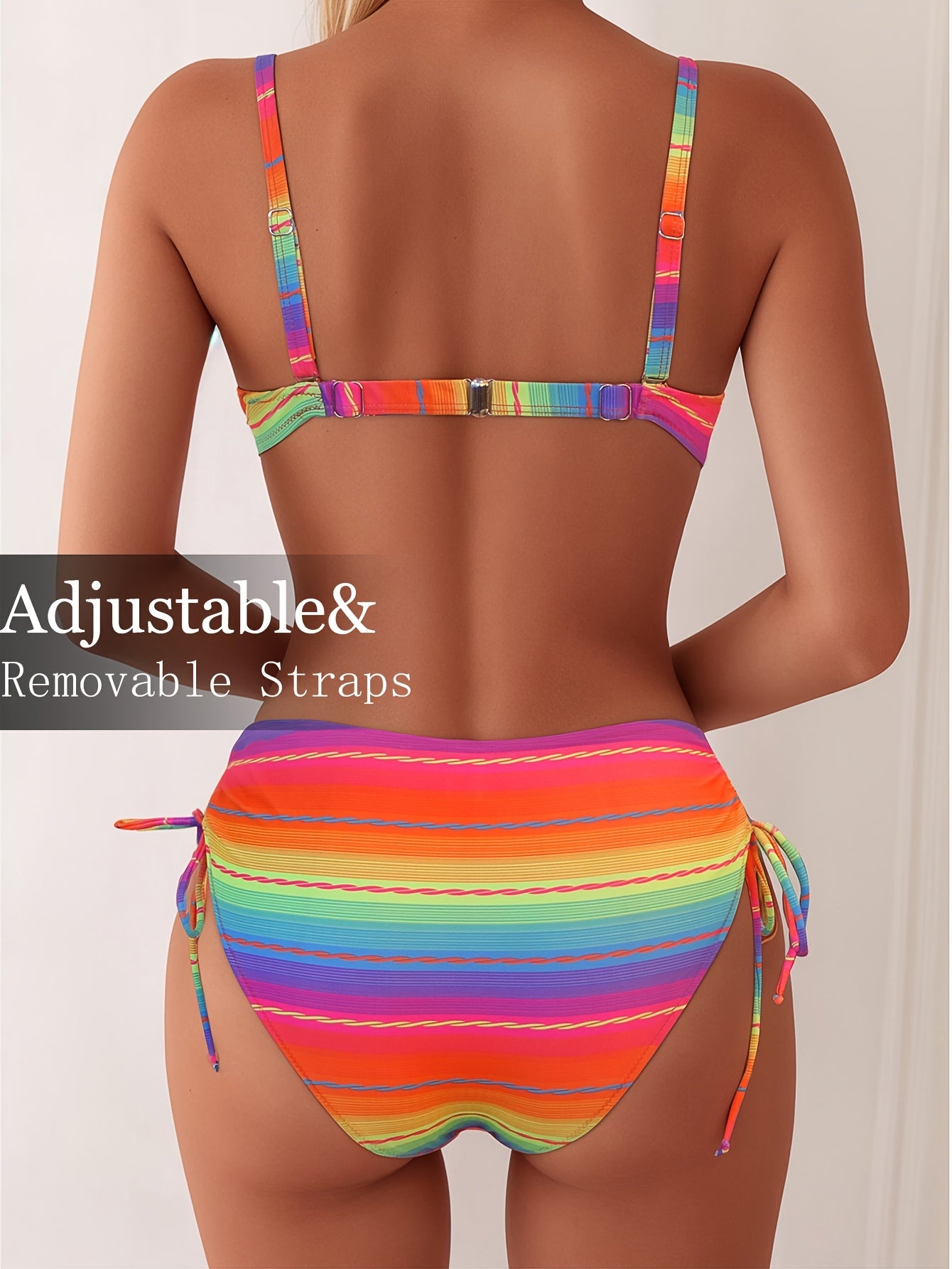 Two-Piece Swimsuit with a Drawstring Design, Featuring a Colorful Striped Hard-Shell Top And Pants.