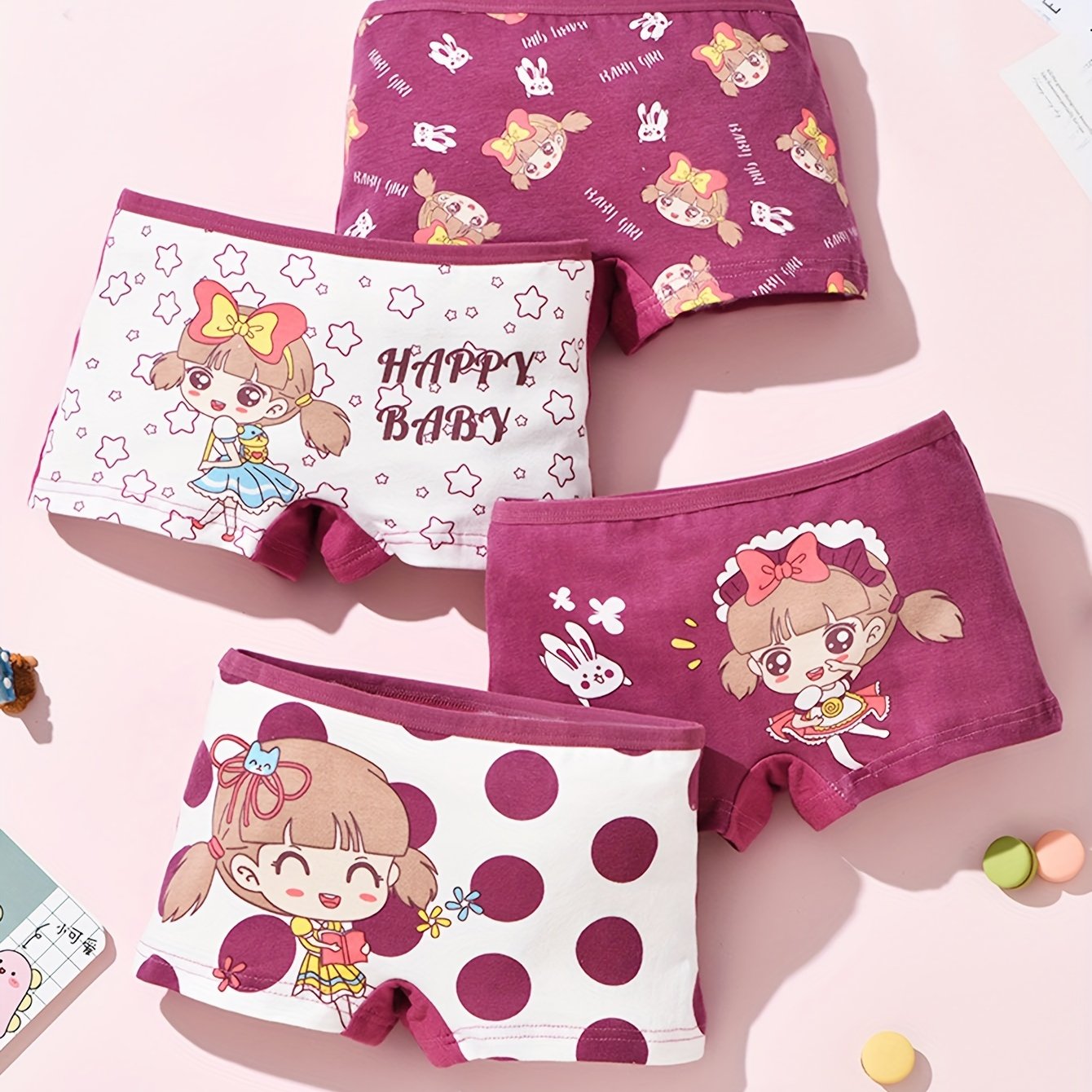 4pcs Cute Girls' Cotton Boxer Briefs with Cartoon Print - Breathable, Sweat Absorbent & Comfort Fit for All Seasons, Double-layer Crotch, 95% Cotton
