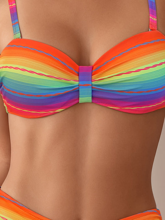 Two-Piece Swimsuit with a Drawstring Design, Featuring a Colorful Striped Hard-Shell Top And Pants.