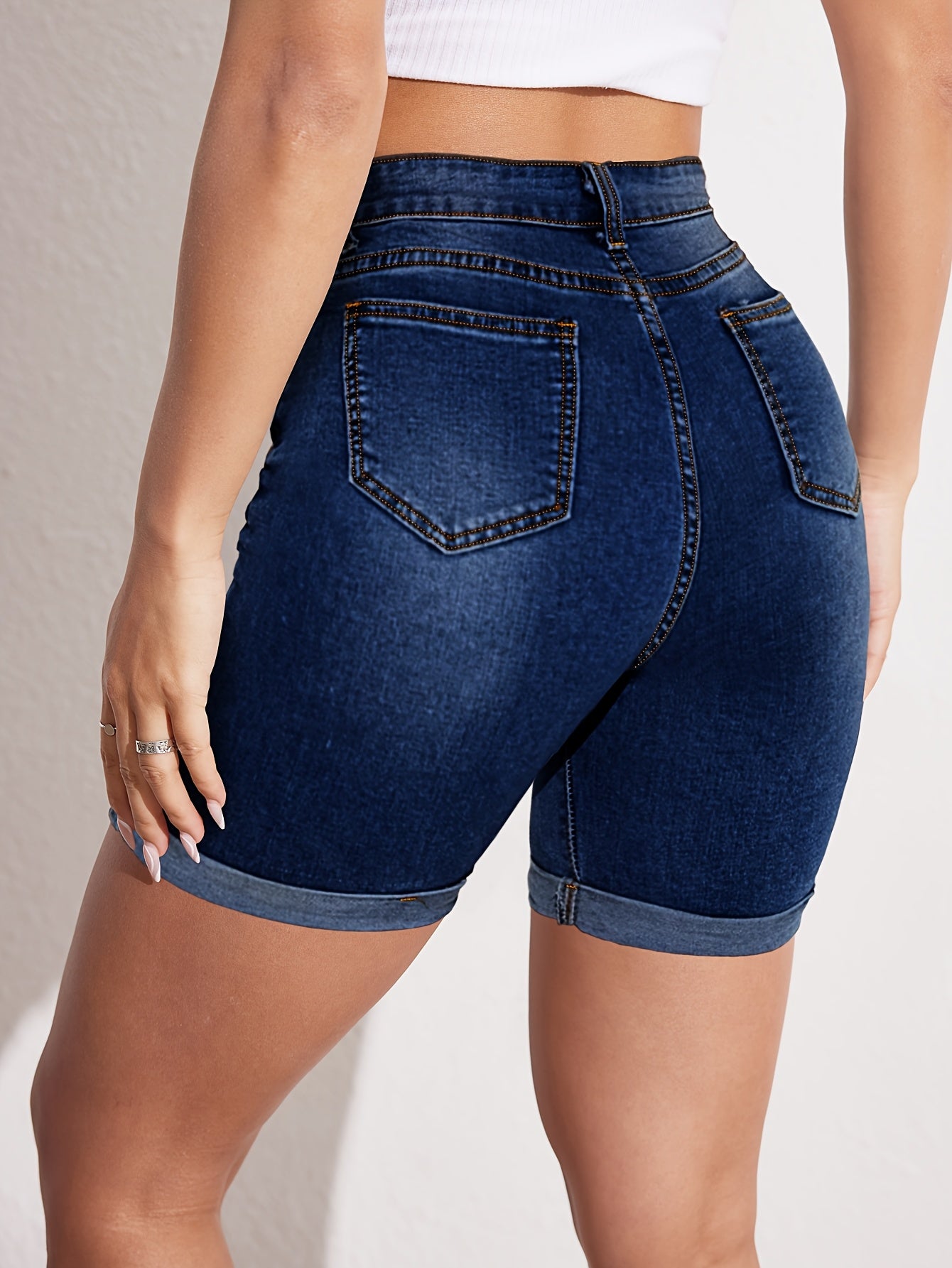 Women'S High-Stretch Denim Shorts - Slim Fit, Casual Mid-Thigh Length, Light Blue Washed Jean Shorts for Spring/Summer, Versatile & Breathabl