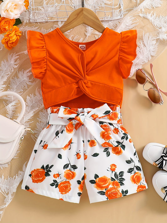 Summer Casual Outing Fungus Lace Sleeveless Bow Design Solid Color Top and Printed Flower Pattern Shorts with Belt Girls Two Piece Set Girls Shorts Set