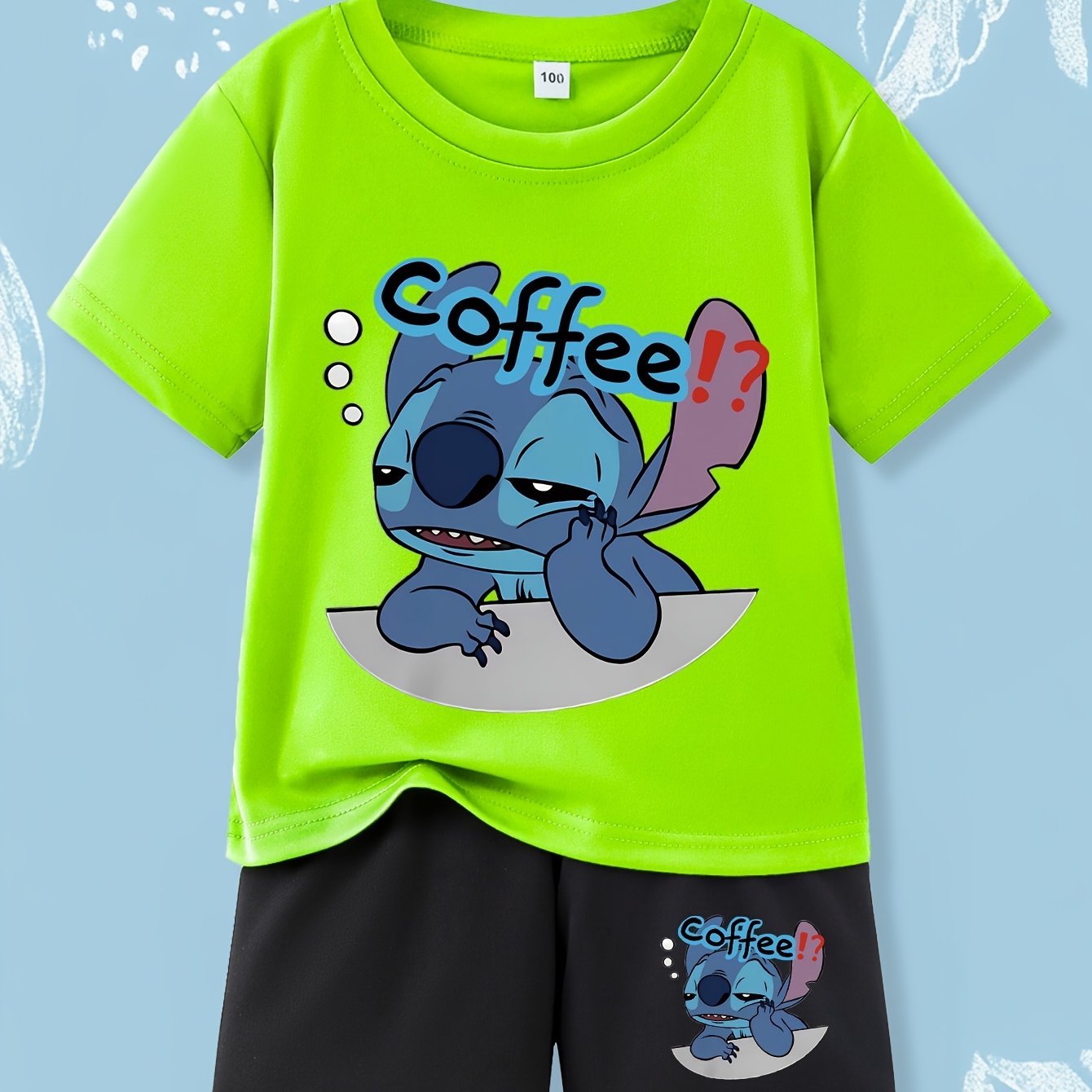 Stitch Coffee Graphic T-Shirt & Shorts Set - Casual Summer Outfit for Boys and Girls, Breathable Knit Fabric, Perfect for Daily Wear and Outdoor Activities, Ideal Holiday Gift, Youngsters Casual Wear|Playful Design|Comfortabl