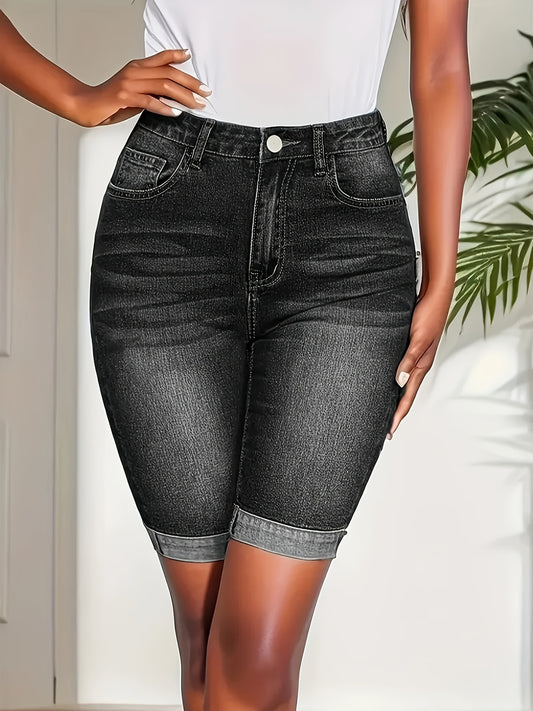 Chic Women'S High-Waisted Denim Bermuda Shorts - Sexy Slim Fit, Medium Stretch, Solid Color with Washed Blue Jean Shorts & Rolled Hem, Perfect for Spring/Summer Casual Wear, Spring Fashion Shorts | Chic Denim Shorts | Stretch
