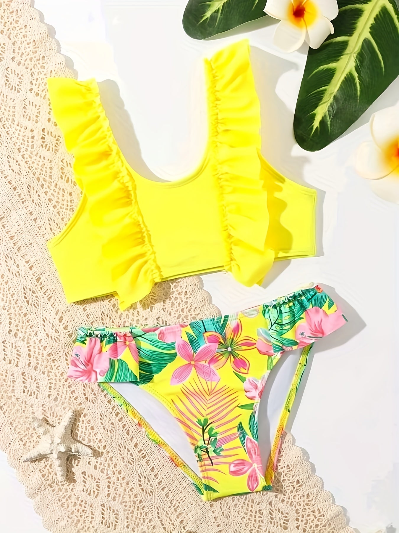 [1set Tropical Floral Print Girls' Bikini] 1set Tropical Floral Print Girls' Bikini Set, V-Neck Ruffle Detail, Knitted Polyester & Spandex, Stretchy Swimwear for Kids