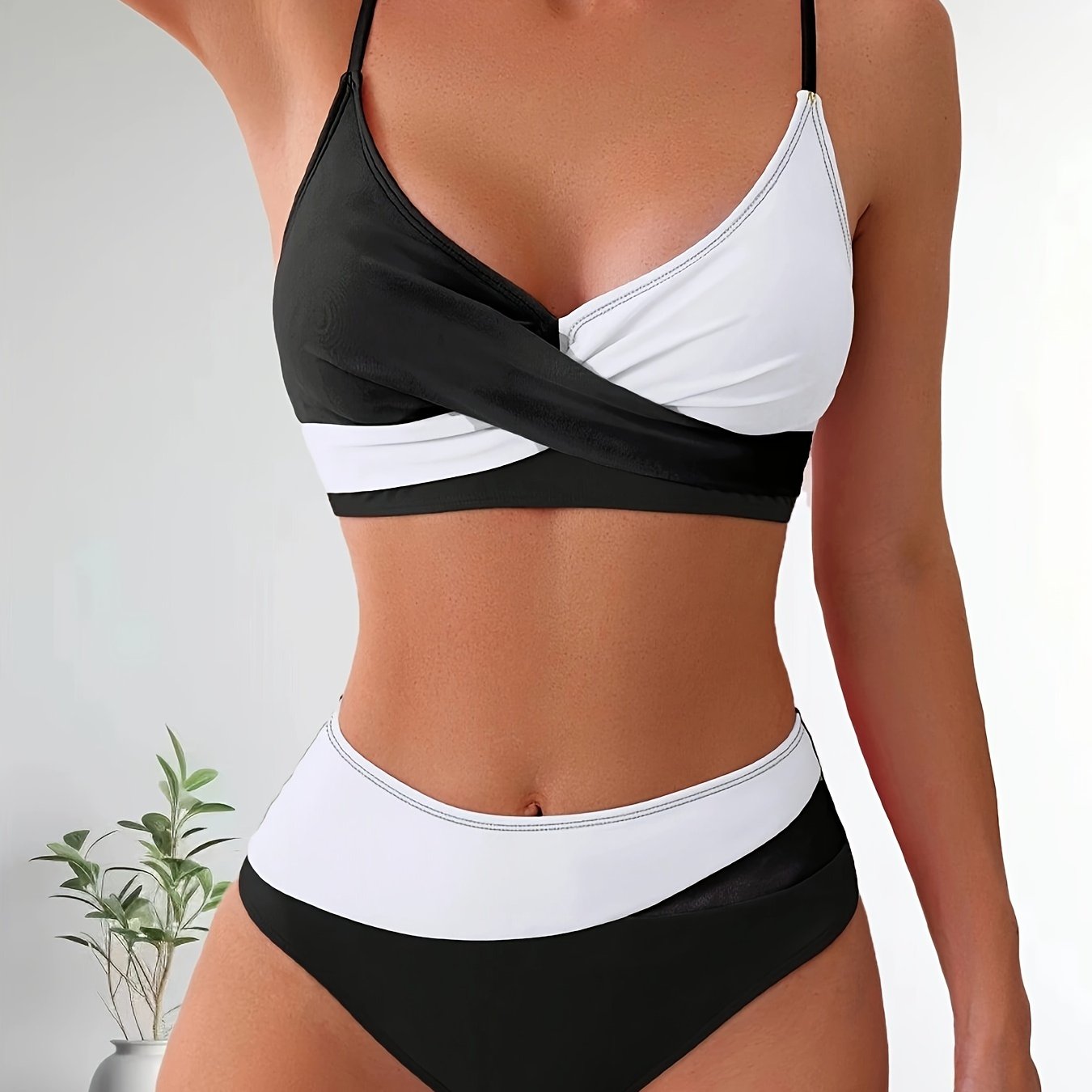 Women's Split Swimwear Color Block Cross-Back Bikini Set Summer Beach Vacation Swimsuit