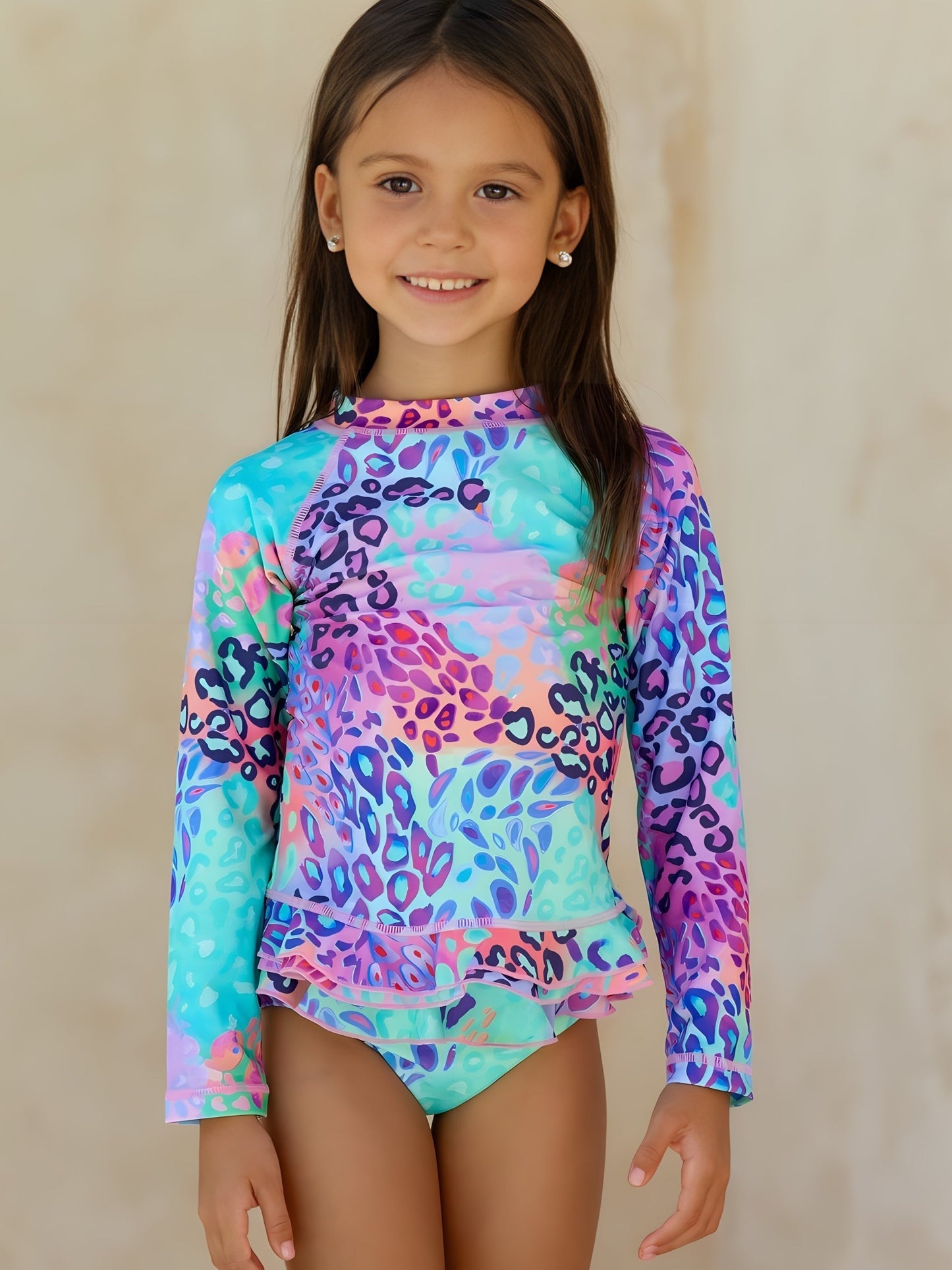 Girls two-piece set of gradient multi-color leopard print swimsuit for girls long sleeve surfing pleated lace hem + girls pleated lace bikini shorts swimsuit