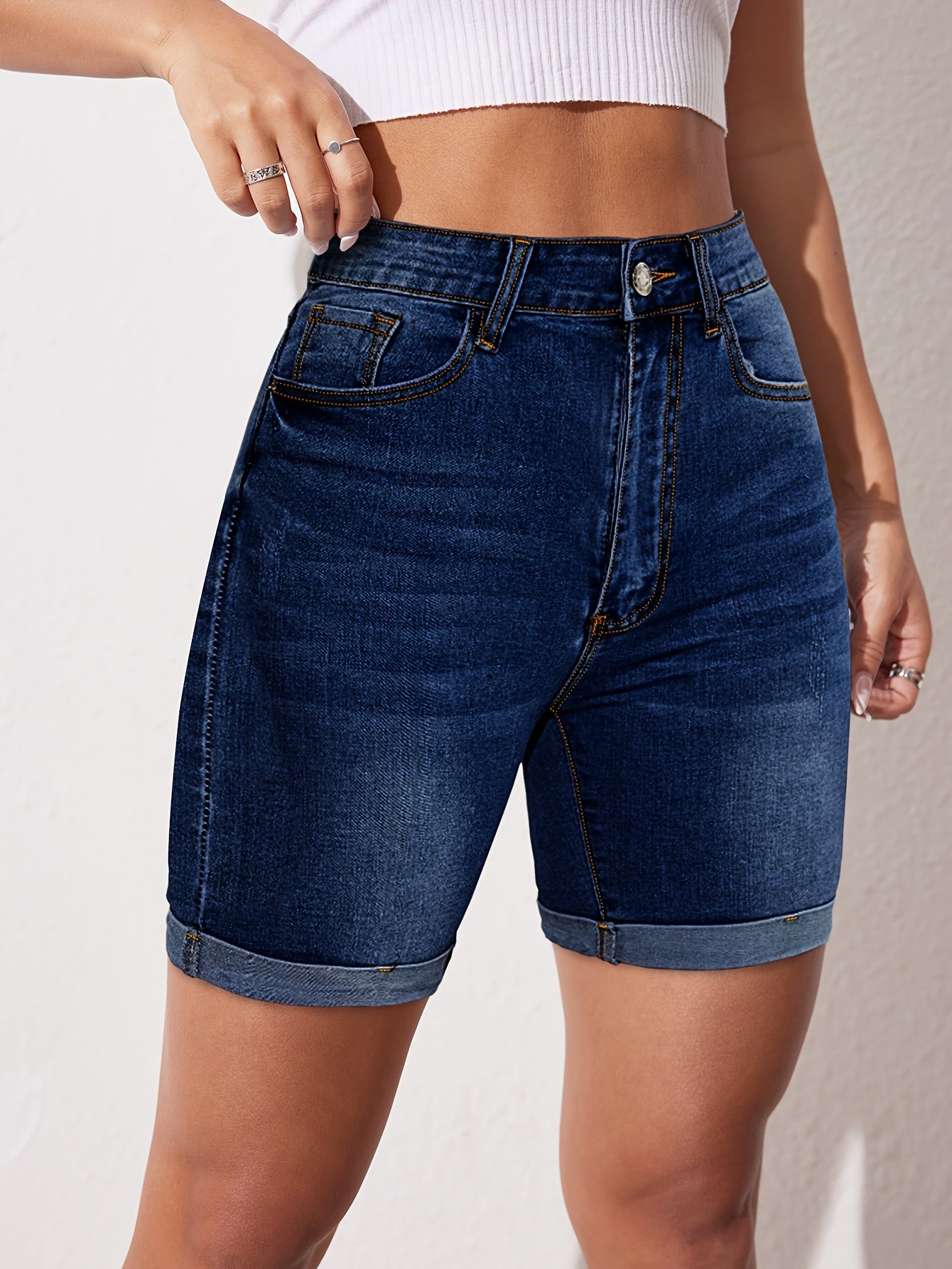 Women'S High-Stretch Denim Shorts - Slim Fit, Casual Mid-Thigh Length, Light Blue Washed Jean Shorts for Spring/Summer, Versatile & Breathabl