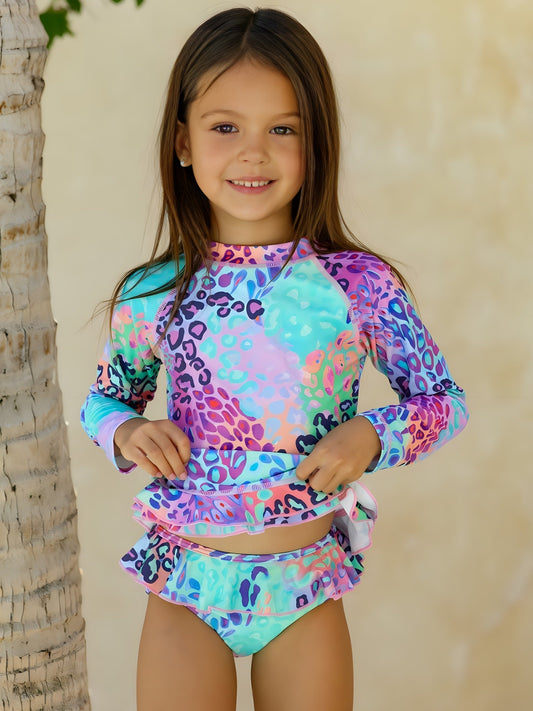Girls two-piece set of gradient multi-color leopard print swimsuit for girls long sleeve surfing pleated lace hem + girls pleated lace bikini shorts swimsuit