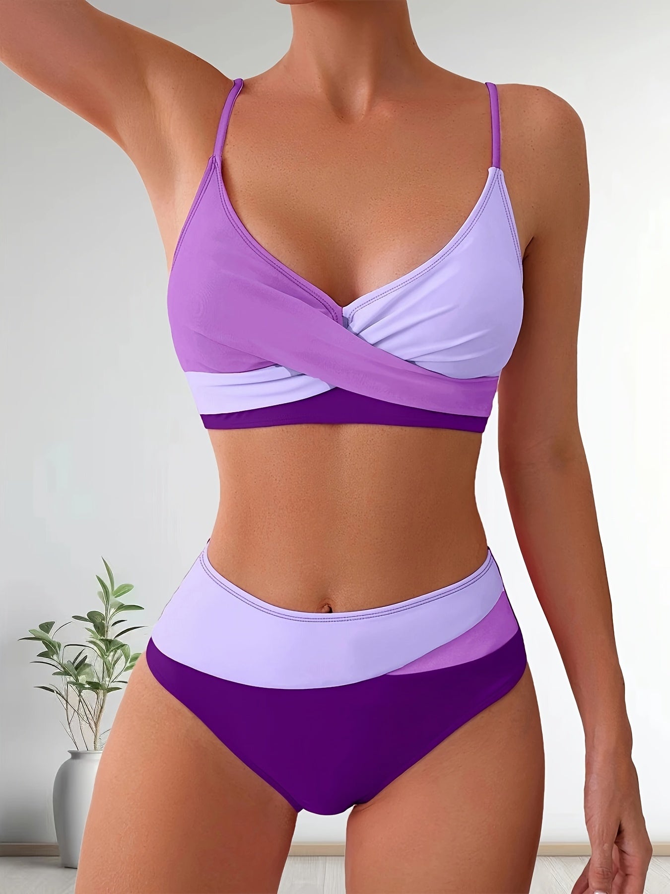 Women's Split Swimwear Color Block Cross-Back Bikini Set Summer Beach Vacation Swimsuit