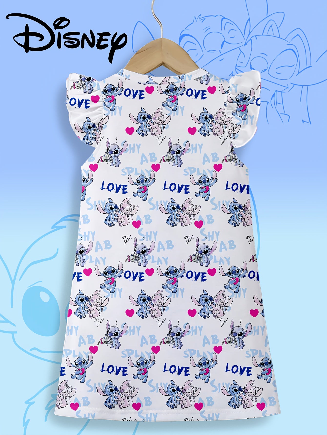 Disney Stitch Girls' Pajama Dress - Flame Retardant, Short Sleeve, Cartoon Heart Print, Lightweight & Breathable for Spring/Summer, Regular Fit, Cute Sleepwear, Girls Pajamas, Playful Sleepwear, Comfortable Sleepwear, Youngst