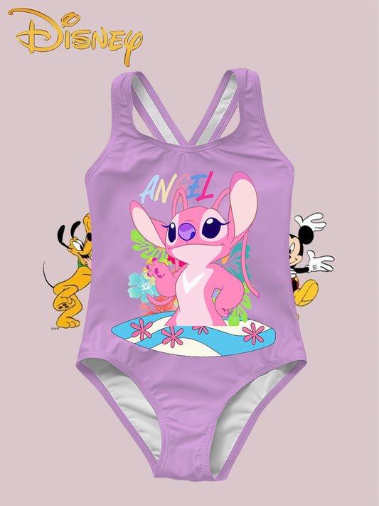 Disney StitchStitch Girls' One-Piece Swimsuit - Cute Cartoon Print with Tropical Hibiscus & Ice Design, Asymmetrical Cut-Out, Stretchy Breathable Fabric for Beach, Pool, Water Sports - Hawaiian Vacation Gift, Summer Swimwear,