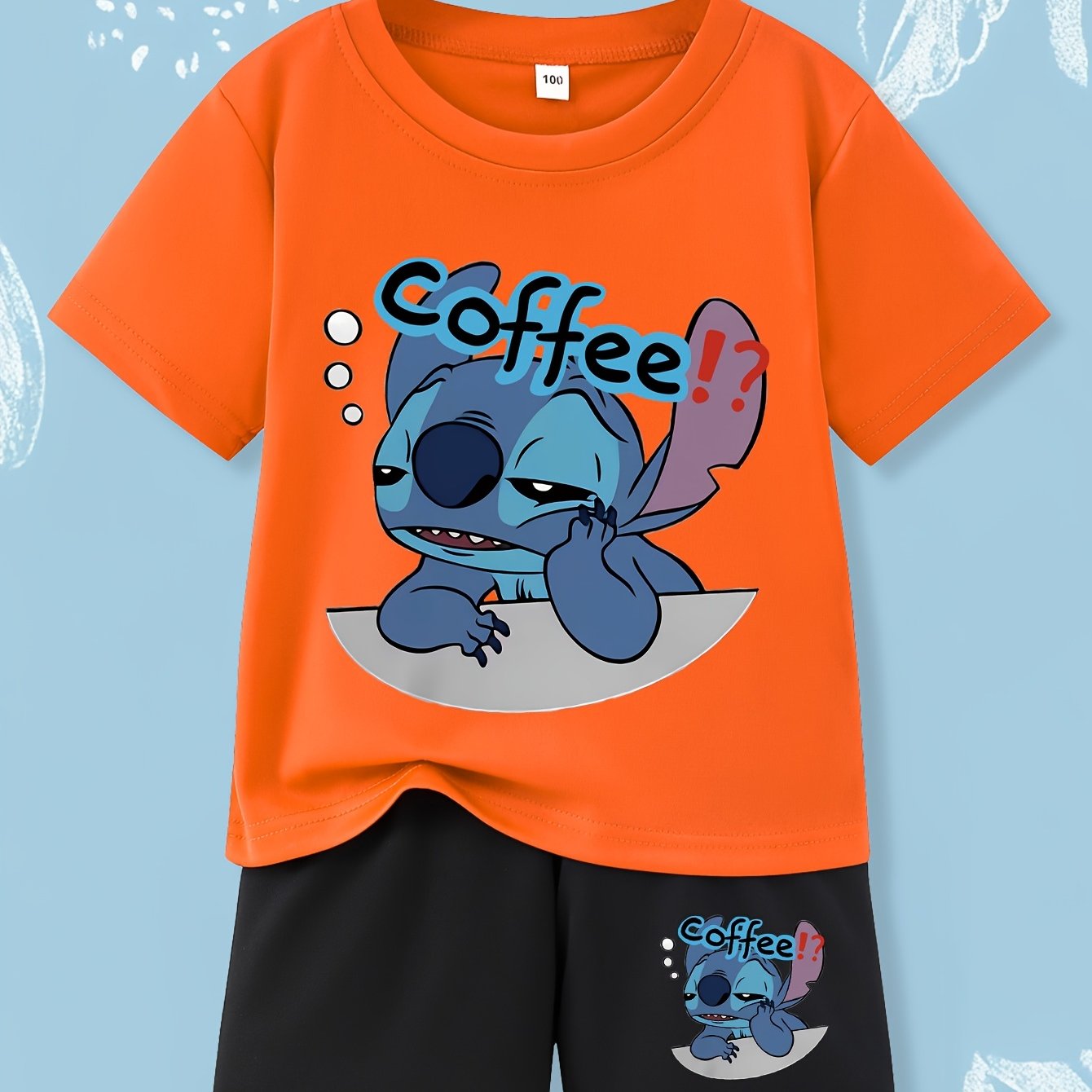 Stitch Coffee Graphic T-Shirt & Shorts Set - Casual Summer Outfit for Boys and Girls, Breathable Knit Fabric, Perfect for Daily Wear and Outdoor Activities, Ideal Holiday Gift, Youngsters Casual Wear|Playful Design|Comfortabl