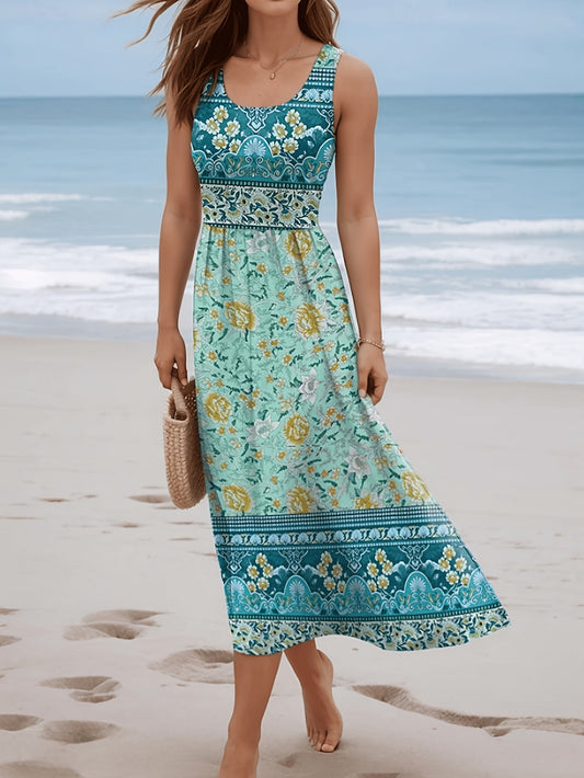 Women's Elegant Sleeveless Floral Print Bohemian Maxi Dress with Stretch Waist - Vibrant Teal, Yellow & Blue Design, Square Neckline, Lightweight Polyester Blend for Spring/Summer Beach or Vacation Style