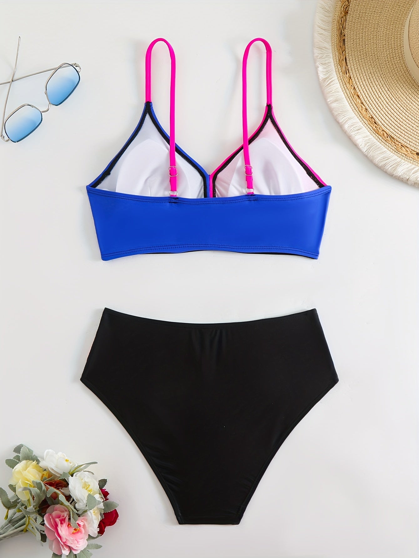 Women's Split Swimwear Color Block Cross-Back Bikini Set Summer Beach Vacation Swimsuit