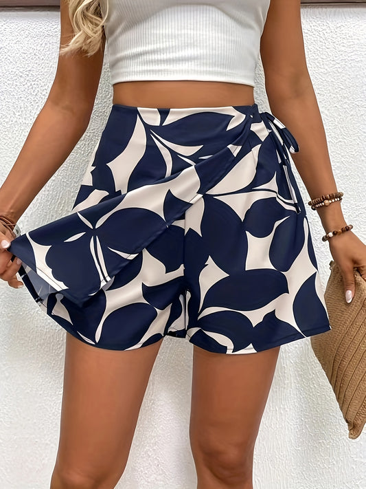 Elegant Short Skirt Pants for Women with Floral Print And Drawstring Elastic Waist.